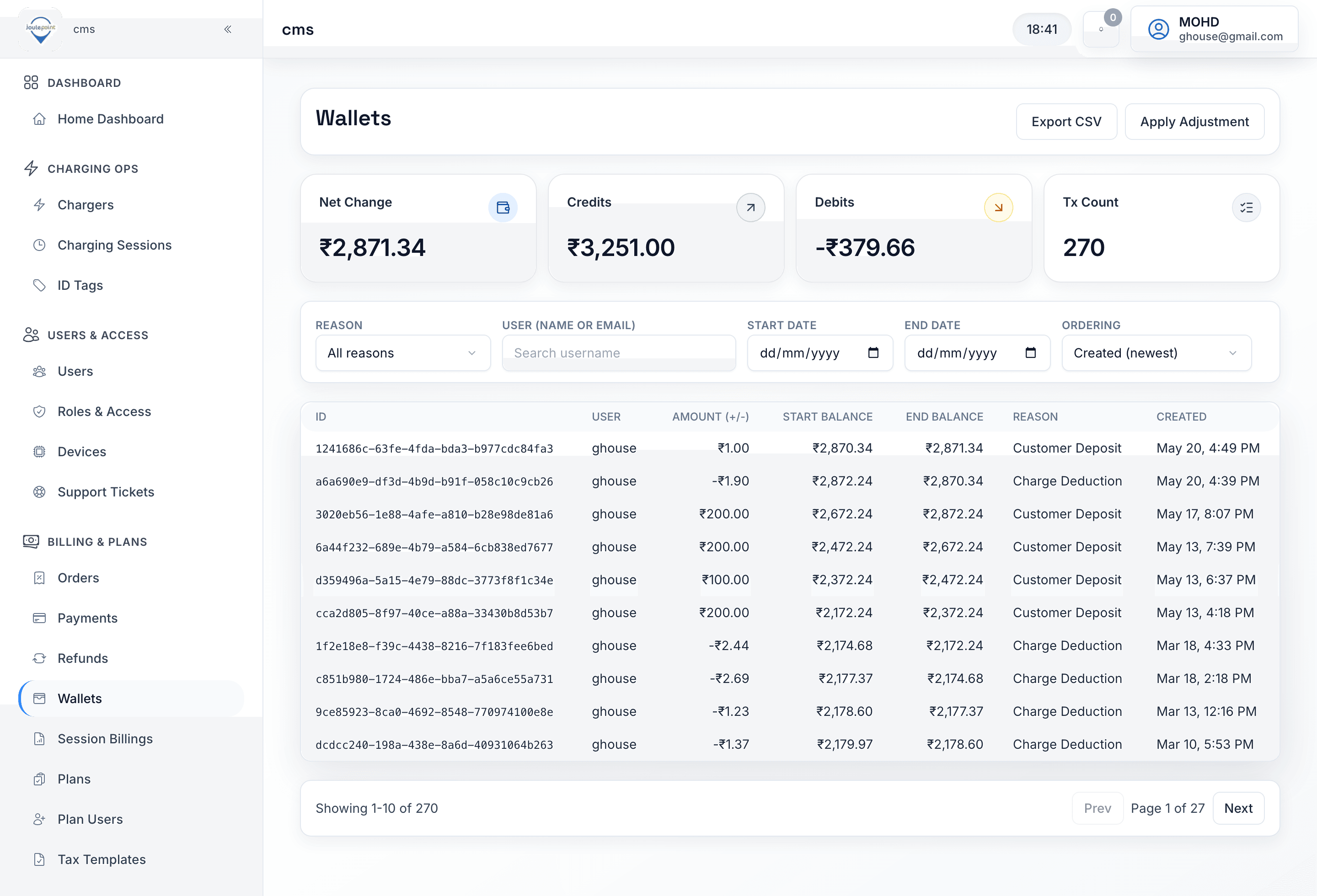 OCPP / OCPI CSMS Wallets and billing