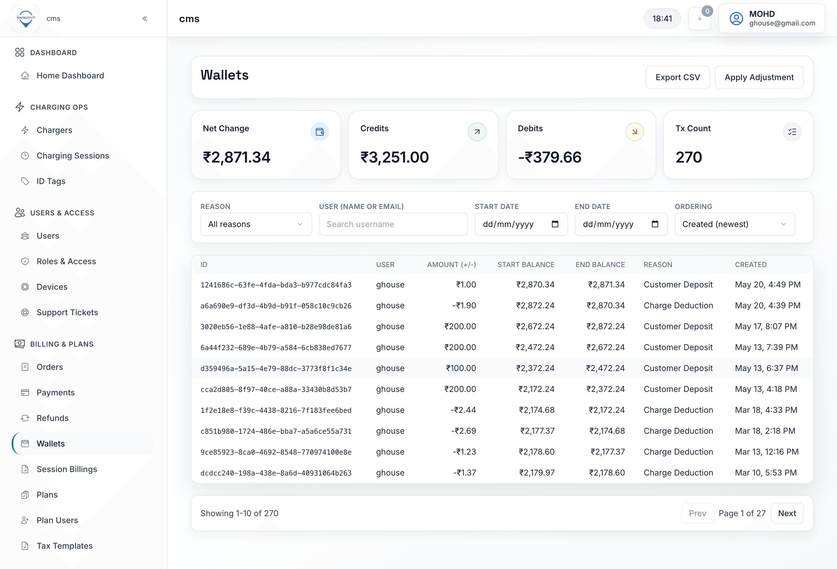 OCPP / OCPI CSMS Wallets and billing