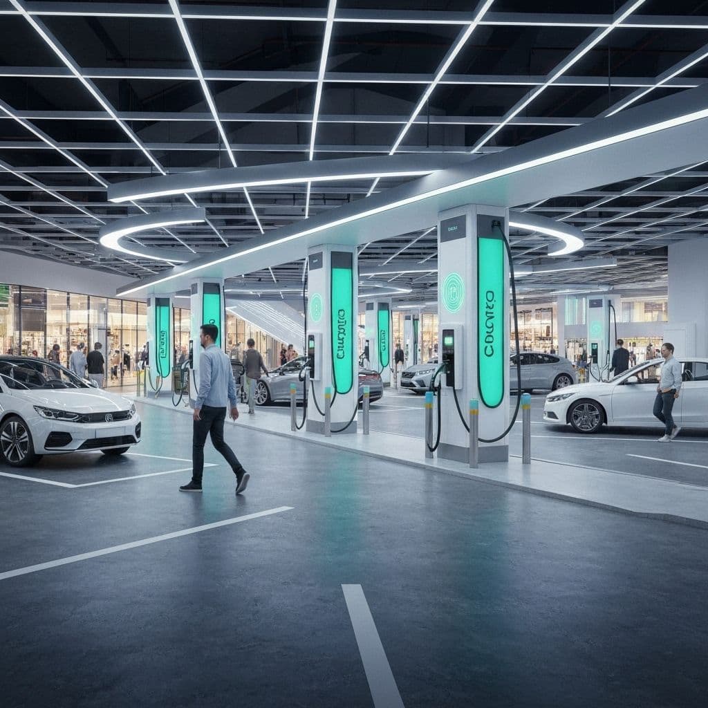 Retail charging bays illuminated at night